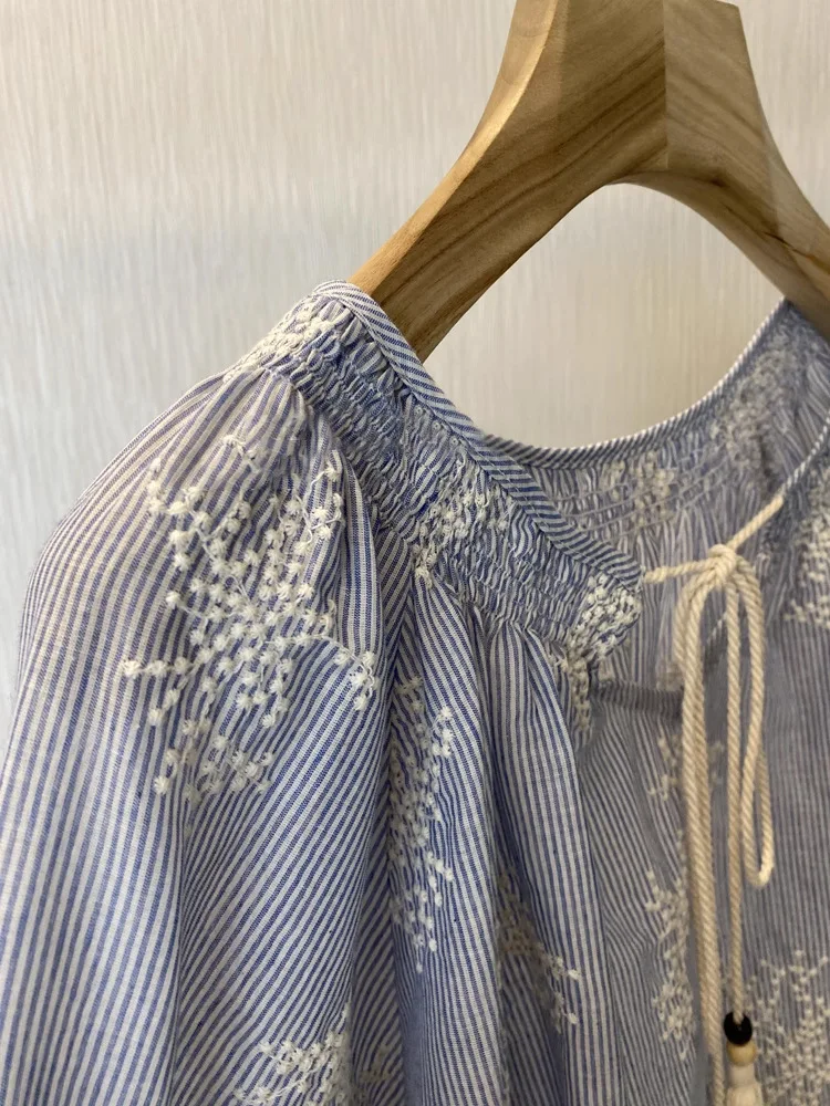Holiday Style Cotton Retro Embroidery Shirt 2025 Spring And Autumn Tassel Lace Loose Long Sleeve Striped Shirt Blouse Beach Tops