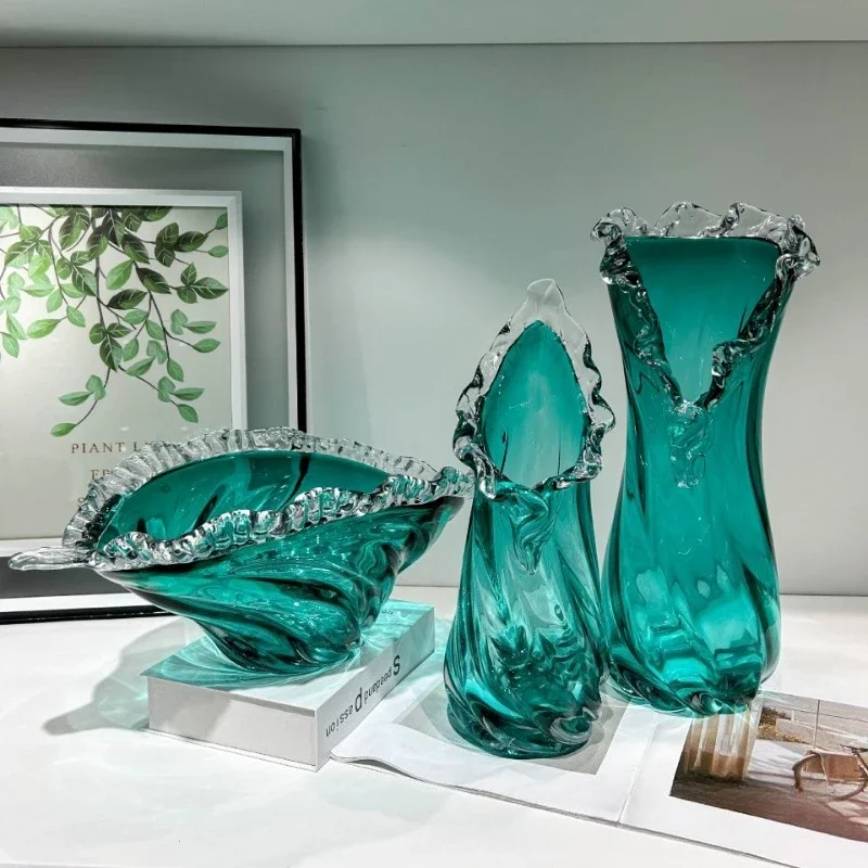 Glass vase, wavy lace fruit plate, home living room model room desktop decoration ornament