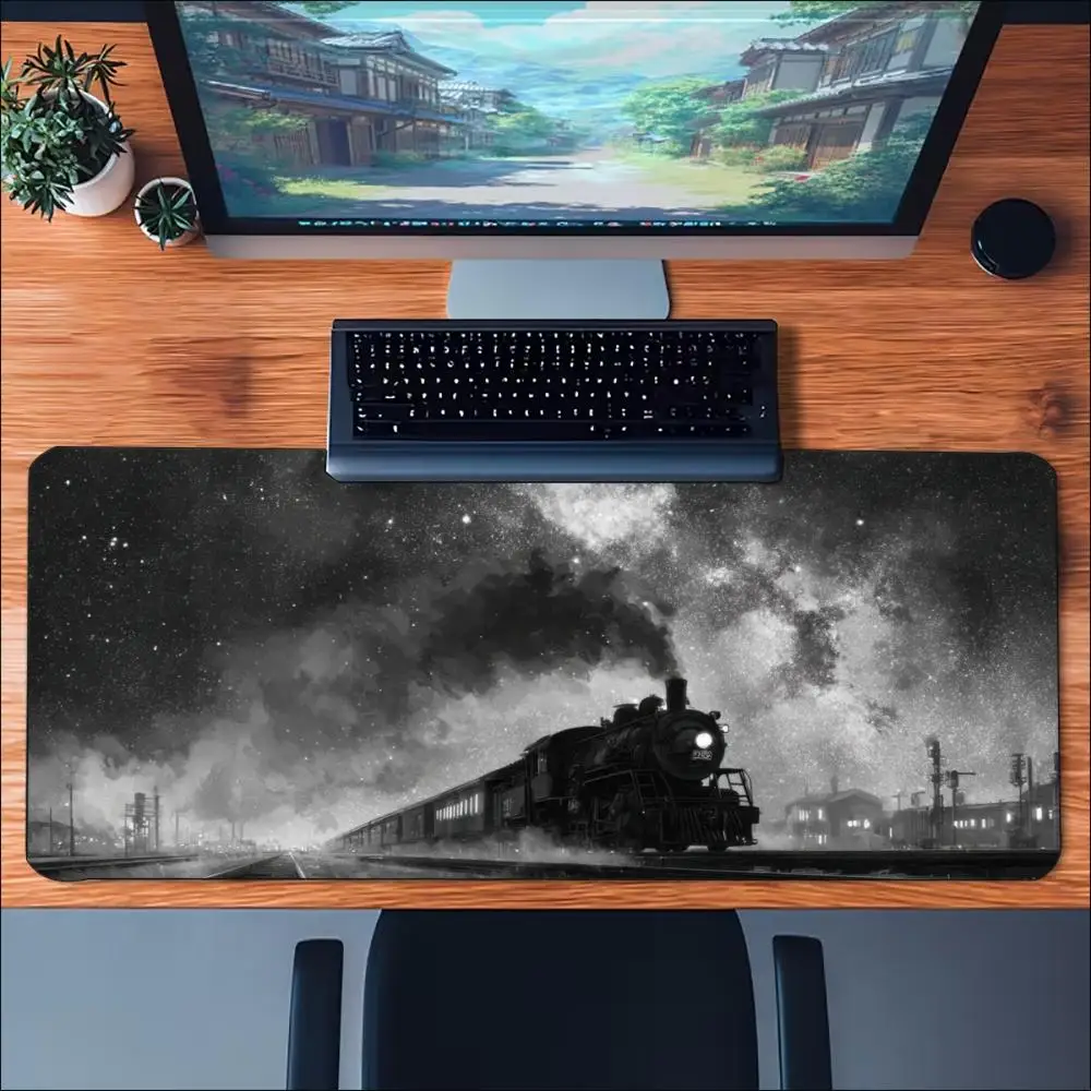 Vintage Steam Train Night Sky Large Game Playmat Non Slip Rubber Desk Mat For Card Board Game Keyboard Mouse Desktop Surface