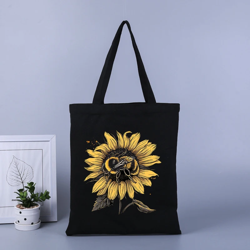 Bolsa de compras de lona con estampado de abeja, bolso de mano de gran capacidad, bolso escolar para estudiantes