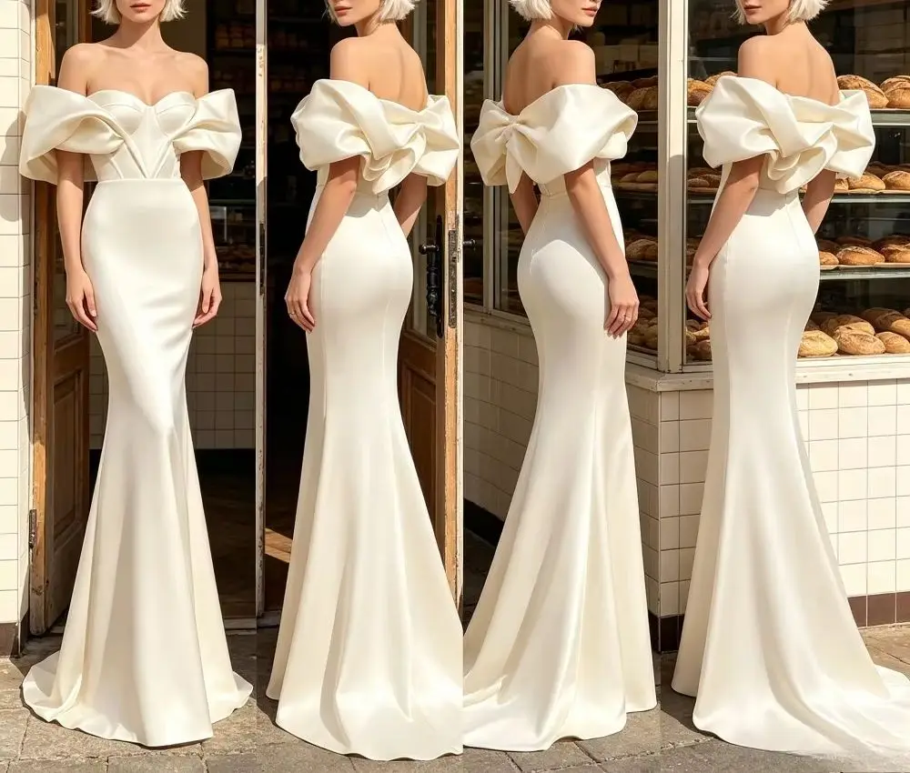 Customized Satin Off Shoulder Mermaid Lantern Sleeve Wedding Dresses 2026 Sweetheart Slim Fit Bridal Gown Suitable for Parties