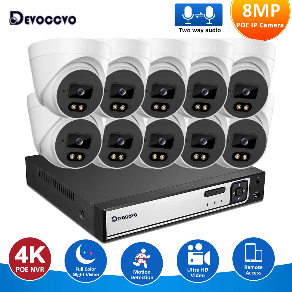 Sistema de cámaras domo de seguridad para el hogar, sistema de CCTV 4K, POE, IP, Audio de 2 vías, visión nocturna en Color, conjunto de 8MP, 8 canales, POE, NVR Ki