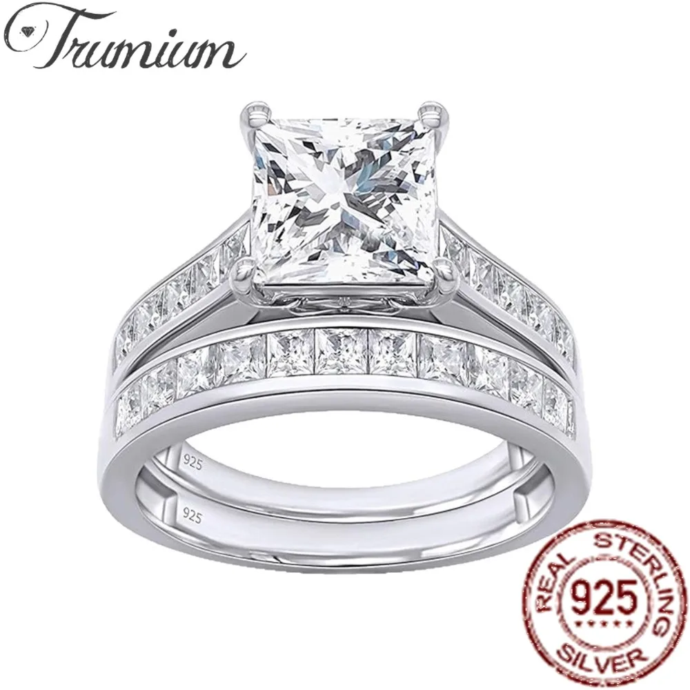 Trumium 2 Pcs Classic Wedding Rings Set for Women 6*6mm Princess Cut 5A Zircon 925 Sterling Silver Engagement Ring Jewelry