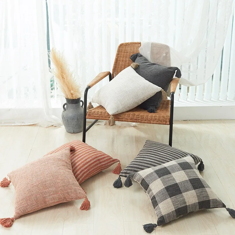 

Tassels Thickened Cotton&LInen Throw Pillow Case Striped Grid multi-color cushion cover for Living Room Sofa Home Decor
