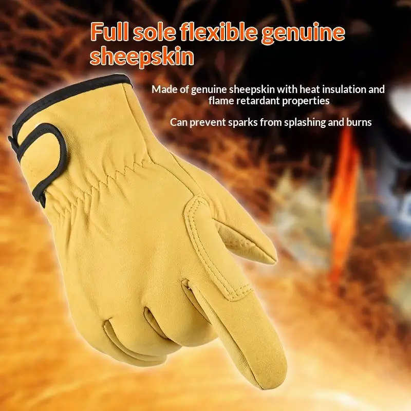 1Pair Wearproof Sheepskin Leather Work Gloves Safety Protection For Welding Gardening Bike Riding