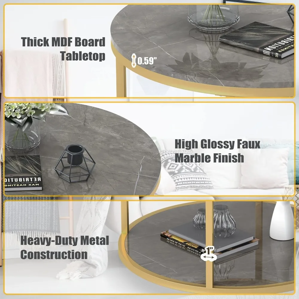 طاولة قهوة دائرية حديثة لغرفة المعيشة - سطح من الرخام الصناعي عالي اللمعان، قاعدة معدنية ذهبية قوية، قطر 33.5