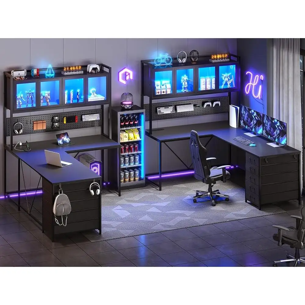 L Shaped Gaming Desk with Hutch and Storage Drawers LED Lights Pegboard Display Cabinet Power Strip Modern Computer Desk