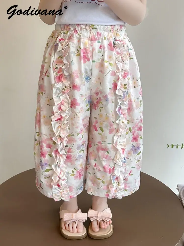 

Новые летние тонкие брюки для девочек 2026 года в корейском стиле: милые детские брюки с цветочным принтом, на резинке, широкие, от комаров