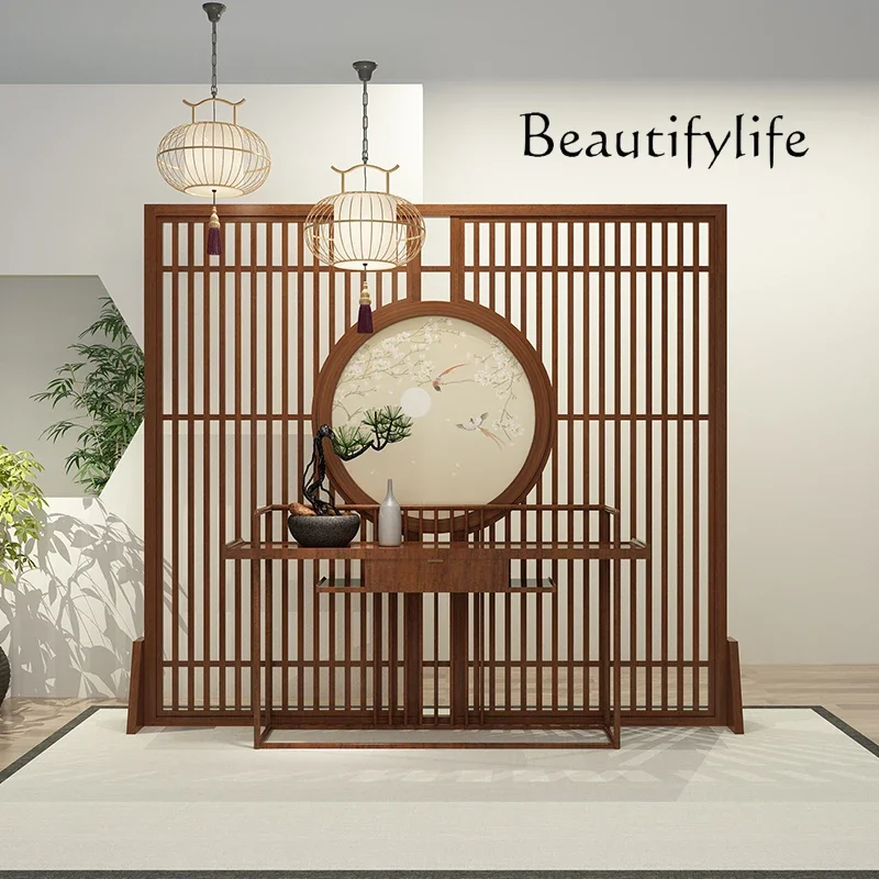 BJ Screen Partition Living Room Solid Wood Entrance Fence New Chinese Hotel Modern Craftsmanship Tenon And Mortise Movable Seat