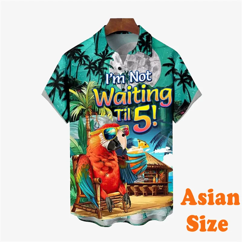 Five O'clock Parrot T-shirt For Men Hawaii Vacation Style Novelty Design Shirts 2025 Funny Fashion Outdoor Casual Button Blouse