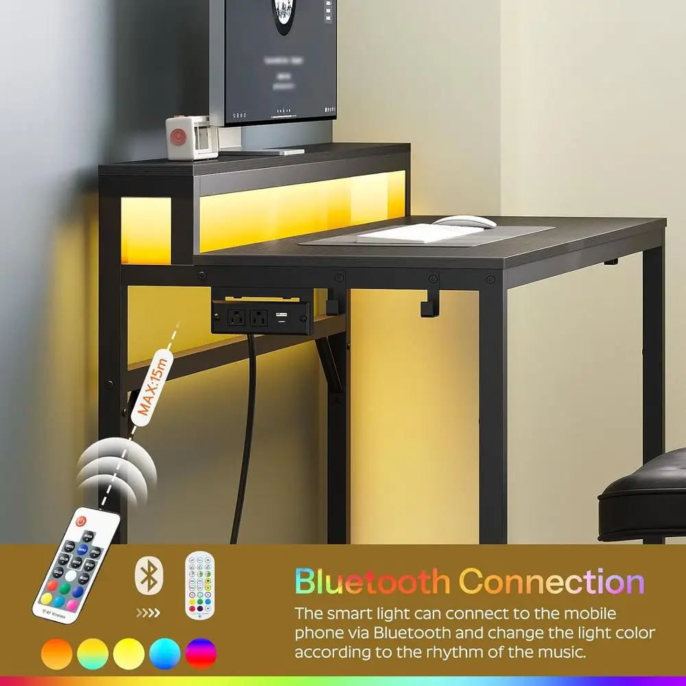 مكتب ألعاب بإضاءة LED مع قاعدة شحن وحامل شاشة، مكتب منزلي أسود بطبقتين مع 4 خطافات جانبية #6