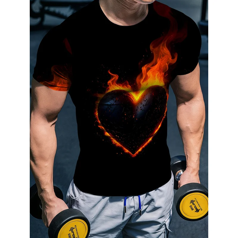 Men's round-neck t-shirt with a flame and heart print suitable for fitness and sportsTShirt Top
