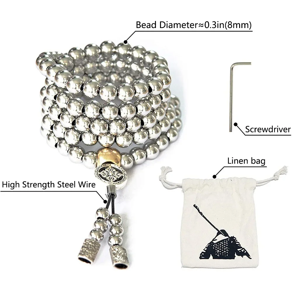 Full Stainless Steel Buddha Beads Necklace & Destiny Nepal Prayer Hand Bracelet Combo for Meditation and Self-defense