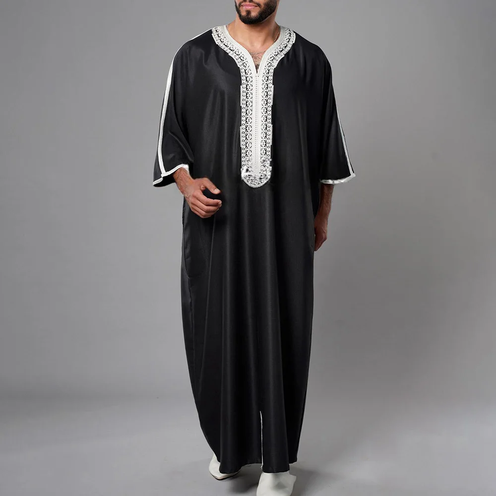 Mens Robe Muslim Middle Eastern Embroidered Short Sleeve Robe Four Seasons Arab Ethnic Style Casual Daily Men's Clothing 2024