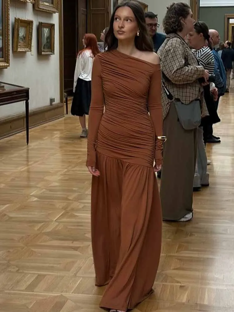 MCDV 秋 長袖 ラッフル セクシー マキシドレス レディース 斜め肩 エレガント 無地 Aライン ボディコン イブニング パーティー ドレス ガウン 2025