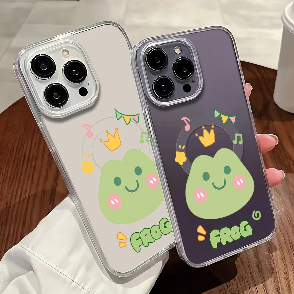 

Cute Frog Prince Phone Case For iPhone 11 12 13 14 15 16 Pro Max Plus Magesafe Magnetic Transparent Charge Soft Shell