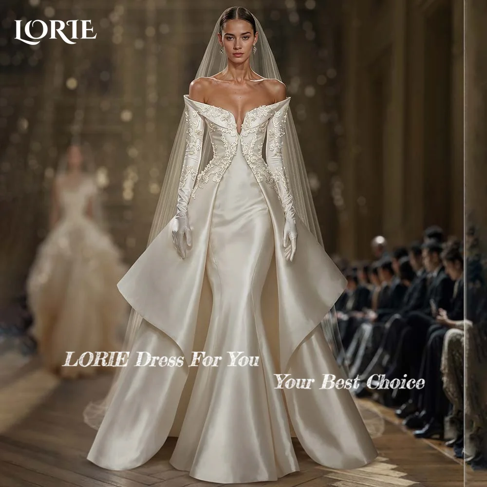 LORIE-vestidos de novia con hombros descubiertos, satén brillante, manga larga, encaje, apliques personalizados, tren, vestido de novia sirena 2024