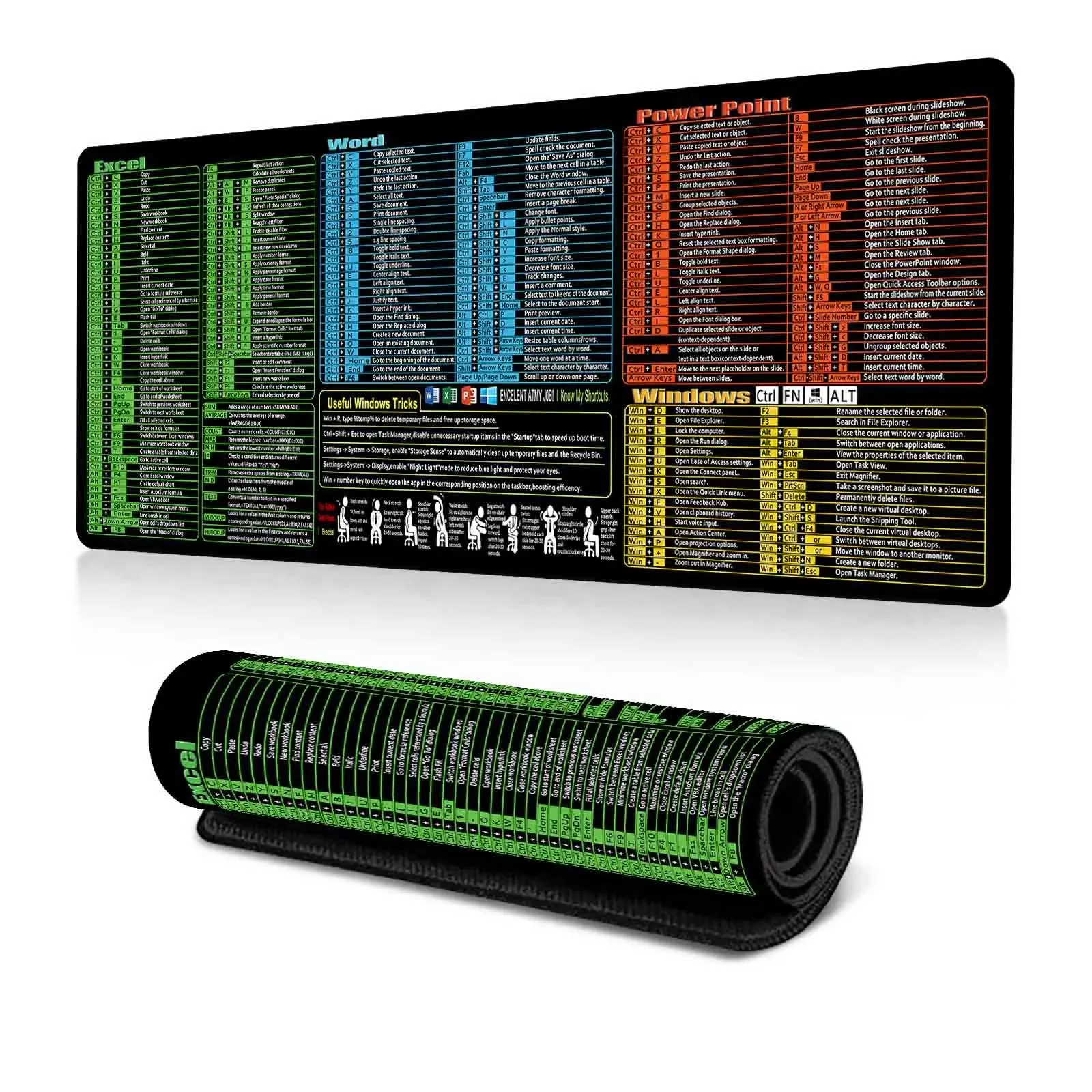 Excel/Word/Power Point/Windows XXL Mouse pad,Non-Slip Large Gaming Office pc Desk mat Over 200 Keyboard Shortcuts Mousepad