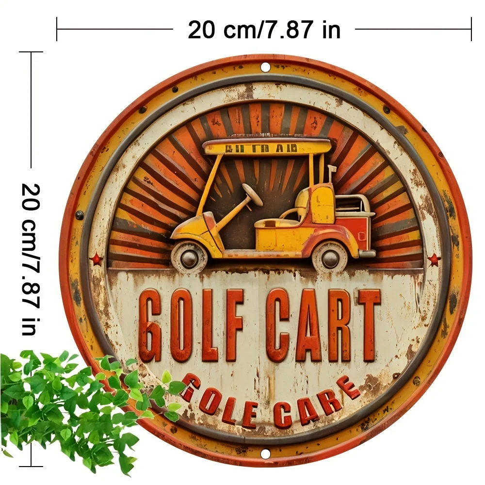 Vintage Golf Cart Sign: Rustic 2D Metal Round Decor, Perfect for Christmas, Halloween, or Any Outdoor Space - 19.99x19.99cm