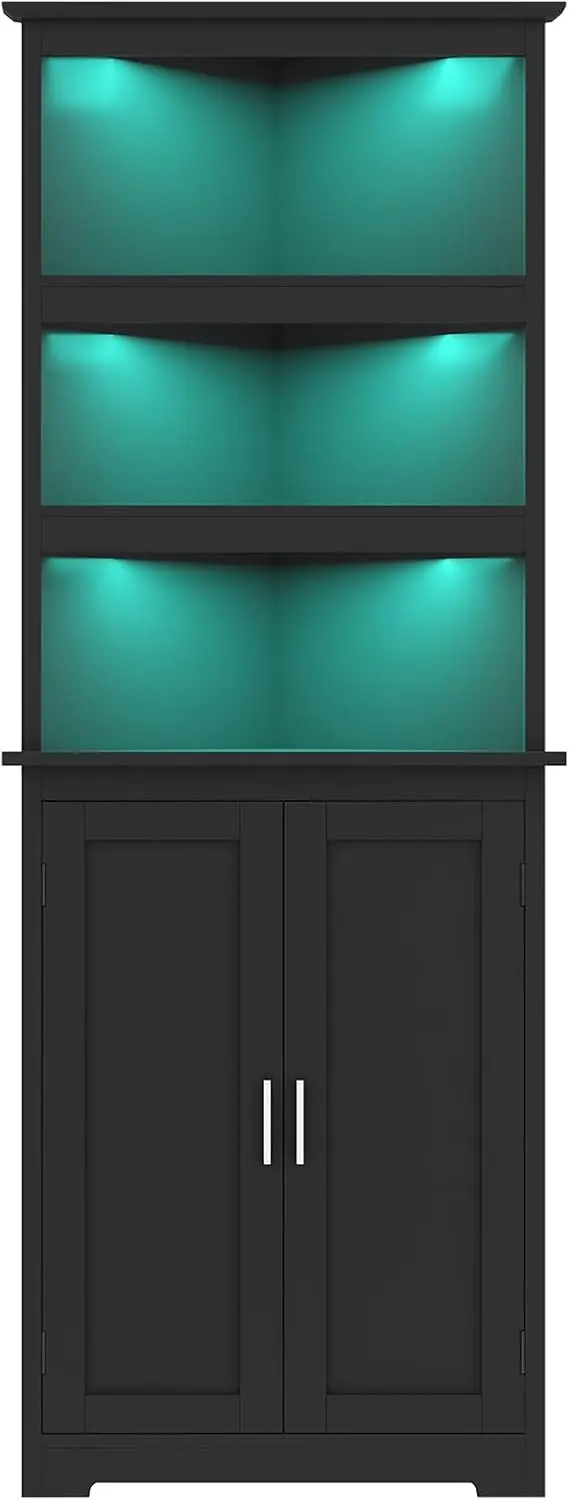 

Tall Corner Cabinet with LED Lights, 5-Tier Corner Storage Cabinet with Doors, Gothic Style Corner Cabinet, Living Room,