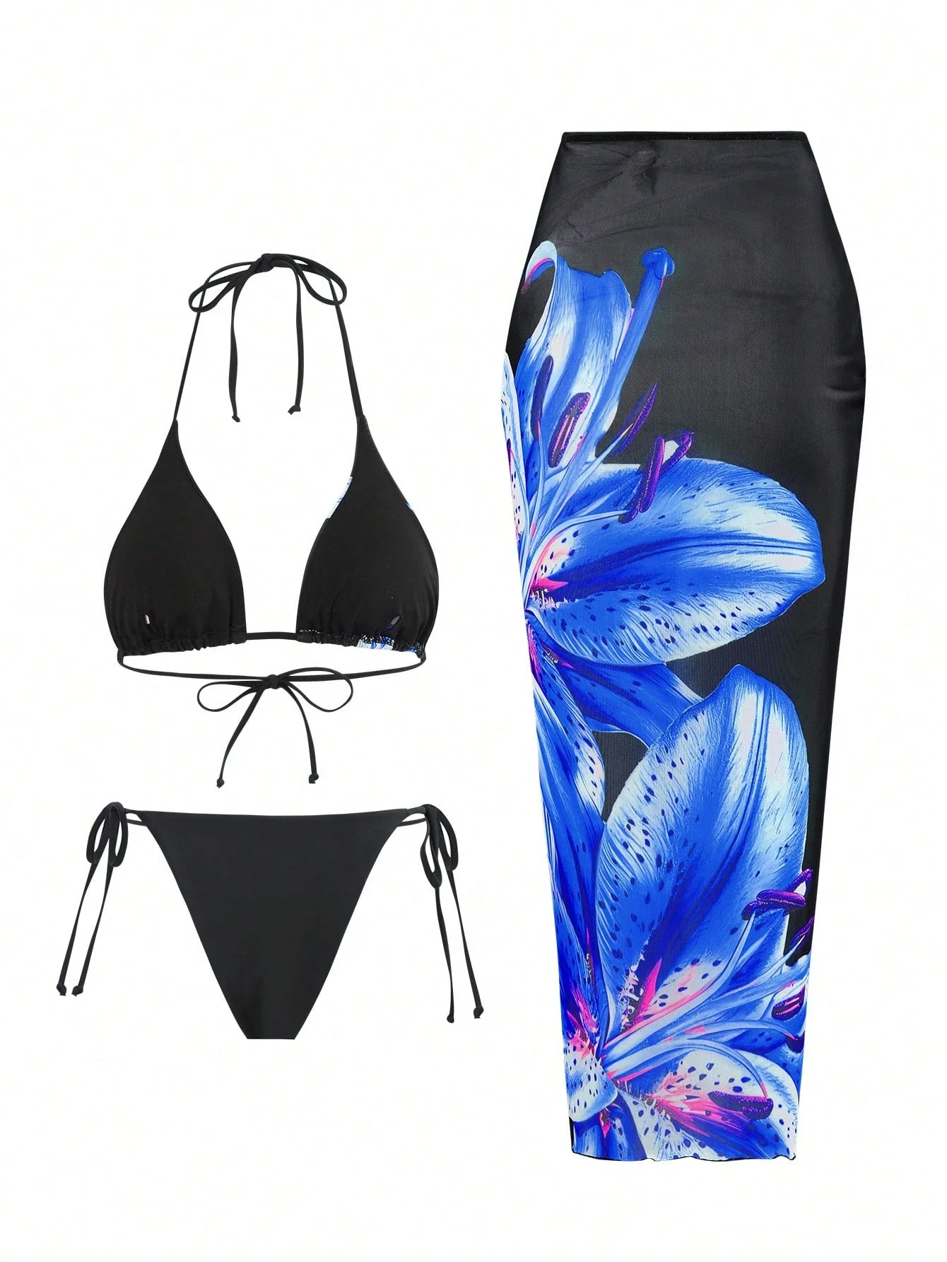 

Women's 3-Piece Floral Print Bikini Set With Cover-Up, Triangle Top Tie-Side Bottoms