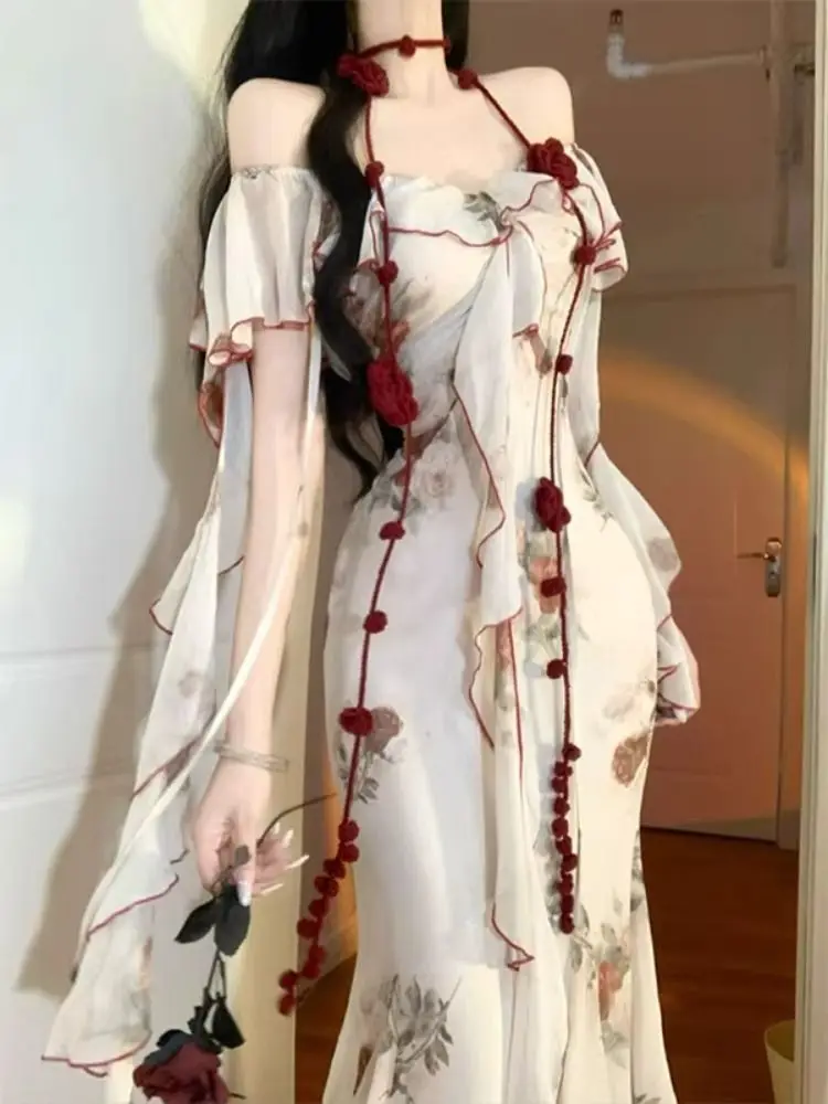 Retro Rose Floral One Shoulder Dress Elegant Unique Beautiful Summer Perfect Small Skirt High Waist Holiday Style Short Sleeve