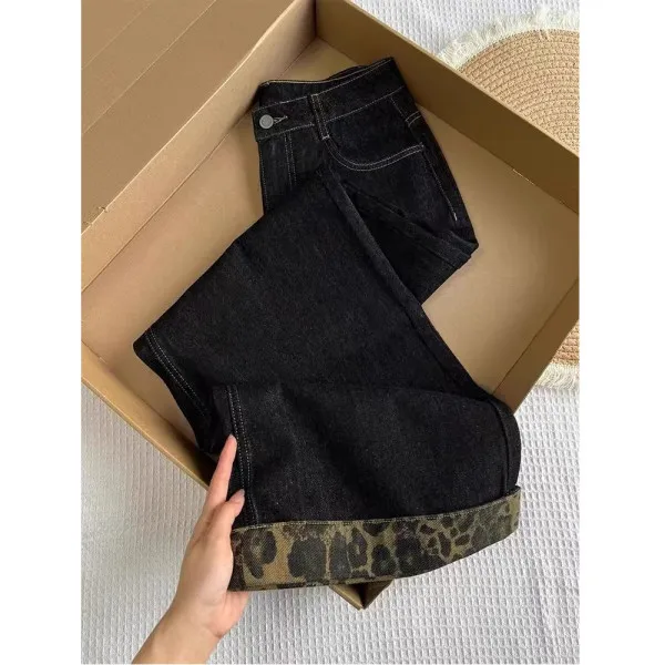 Y2K American Women Jeans High Waist Black Leopard Print Rolled Edge Wide Leg Loose Contrast Stitch Summer Pants