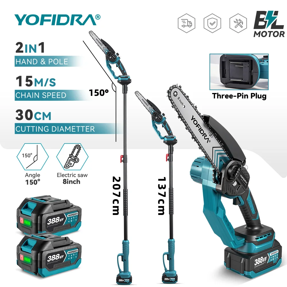 YOFIDRA 8 Zoll Bürstenlose Teleskop-Elektrokettensäge für hohe Äste, Gartenschneidewerkzeug, kompatibel mit Makita 21V Akku