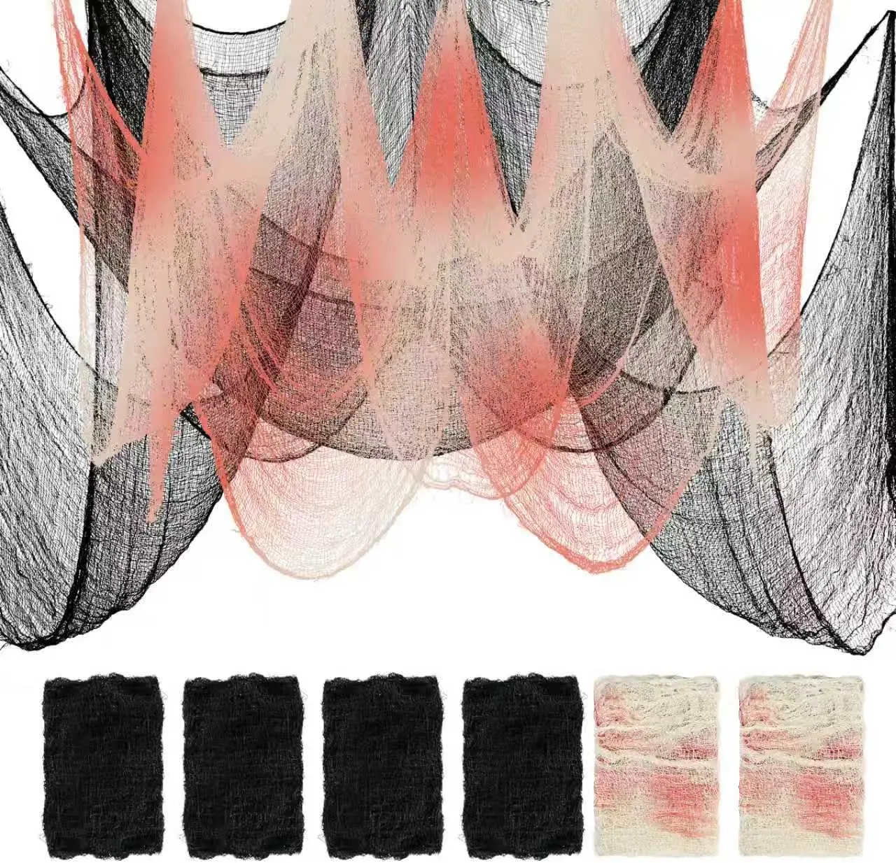6PCS Halloween Creepy Gauze Cloth 30x72in Black & Blood Red Draping Fabric for Doorway Porch Yard Party Decor