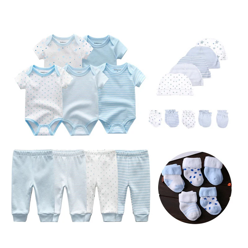 24-teiliges Set für Neugeborene, Strampler + Hosen + Fäustlinge + Hüte + Socken, 100 % Baumwolle, bedruckt, Unisex-Kleidungssets für Babys, Mädchen