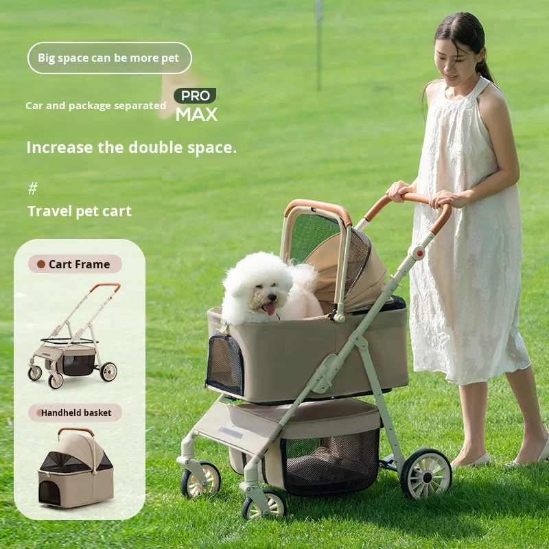 Detachable Pet Bag with Double Layer Storage Multifunctional Four Wheel Pet Stroller Suitable for  Medium Pets Outdoor Trips