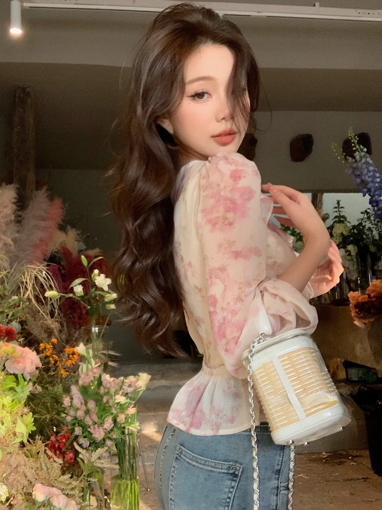 Chiffon Print Elegant Vintage Blouse Women Flare Sleeve Fairy Sweet Blouse Female Ruffles France Style Causal Tops Summer 2023