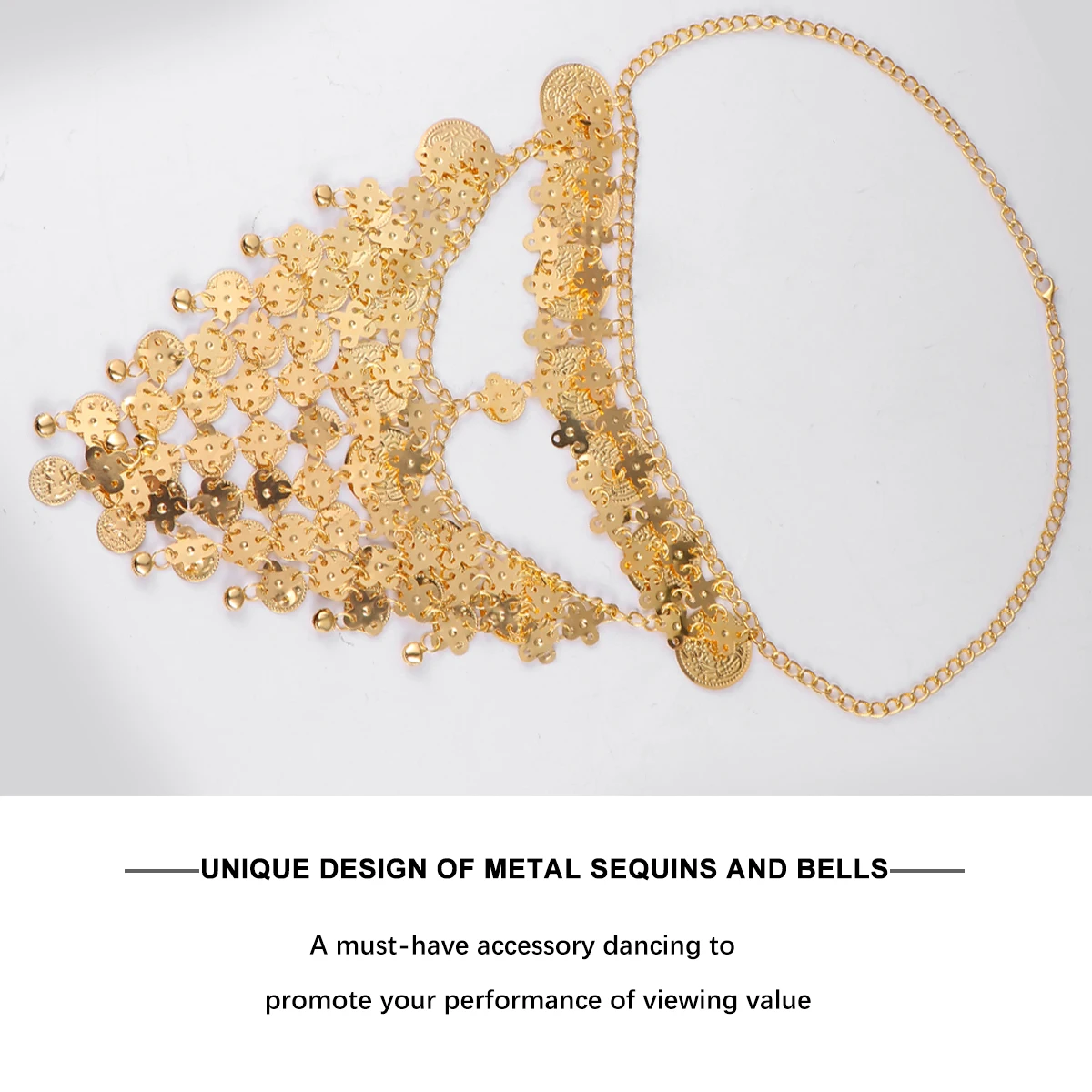

Metallic Gold Veil Half Face Mask for Women Belly Dance Masquerade Party Costume Sequins Bells Chain Accessories