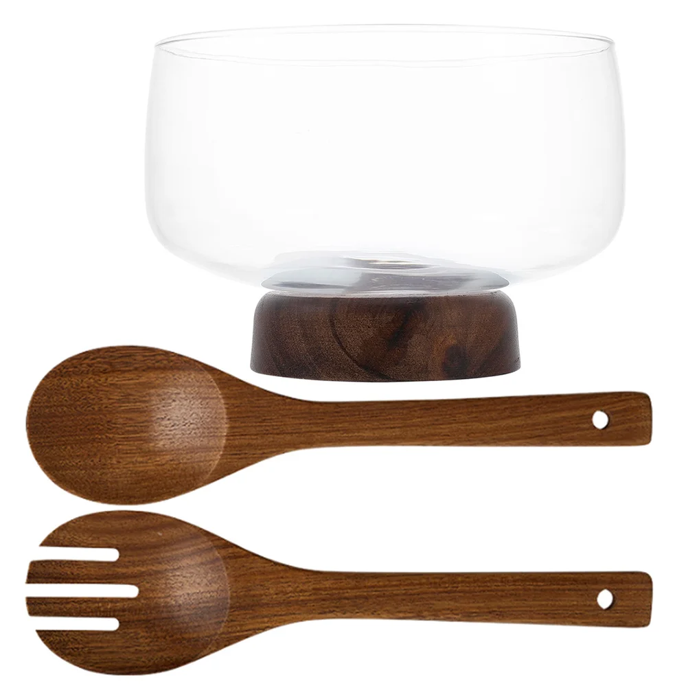 

1Set Large Glass Fruit Bowl Transparent Salad Container Snack Dessert Bowl Wooden Base Practical Serving Glass Fruit Container