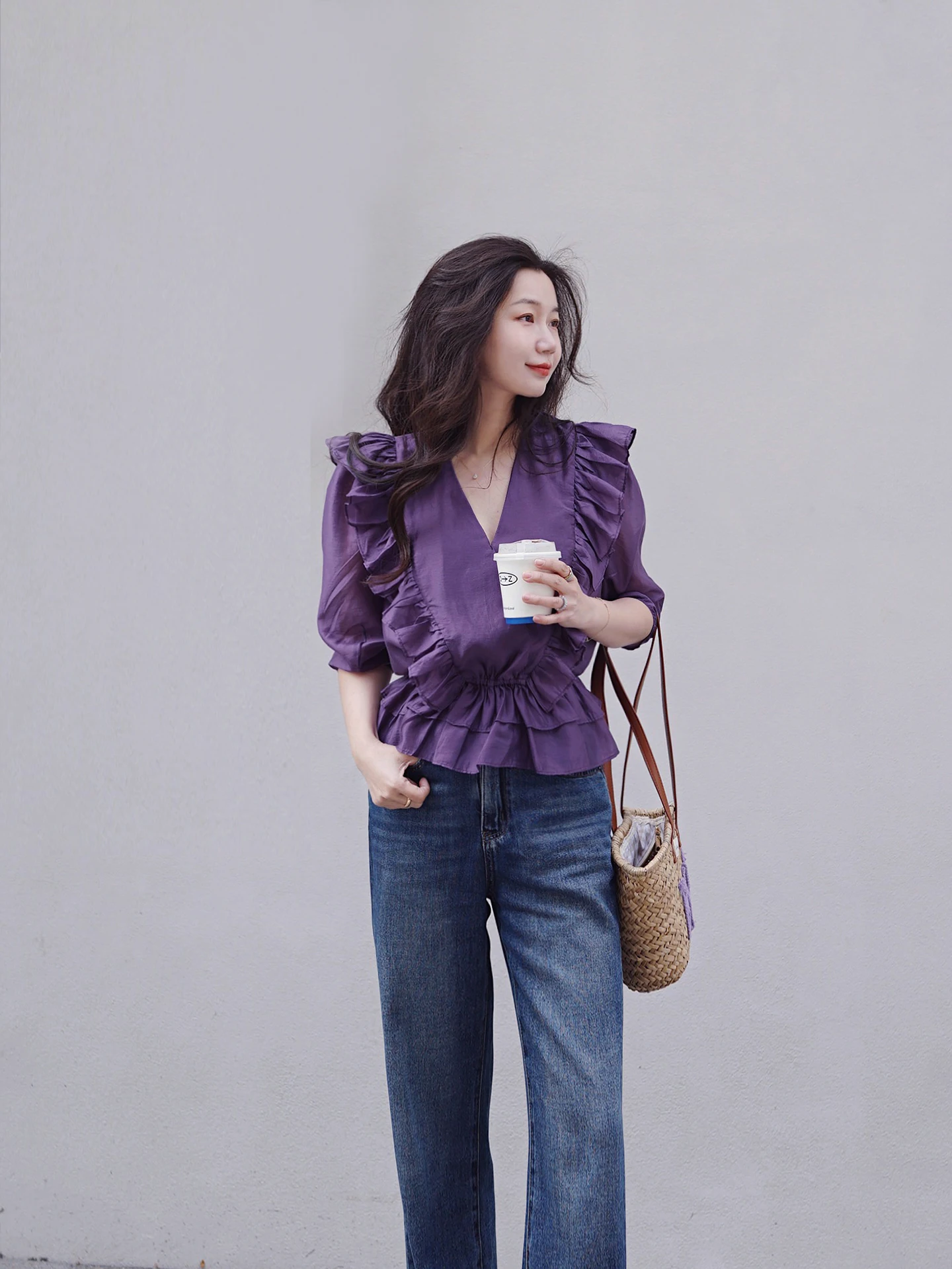 

Lace Trim V-Ne ort Sve Women's irts French Sle Slim Fit Bubble Sve Optical Padded Purple Spring Summer