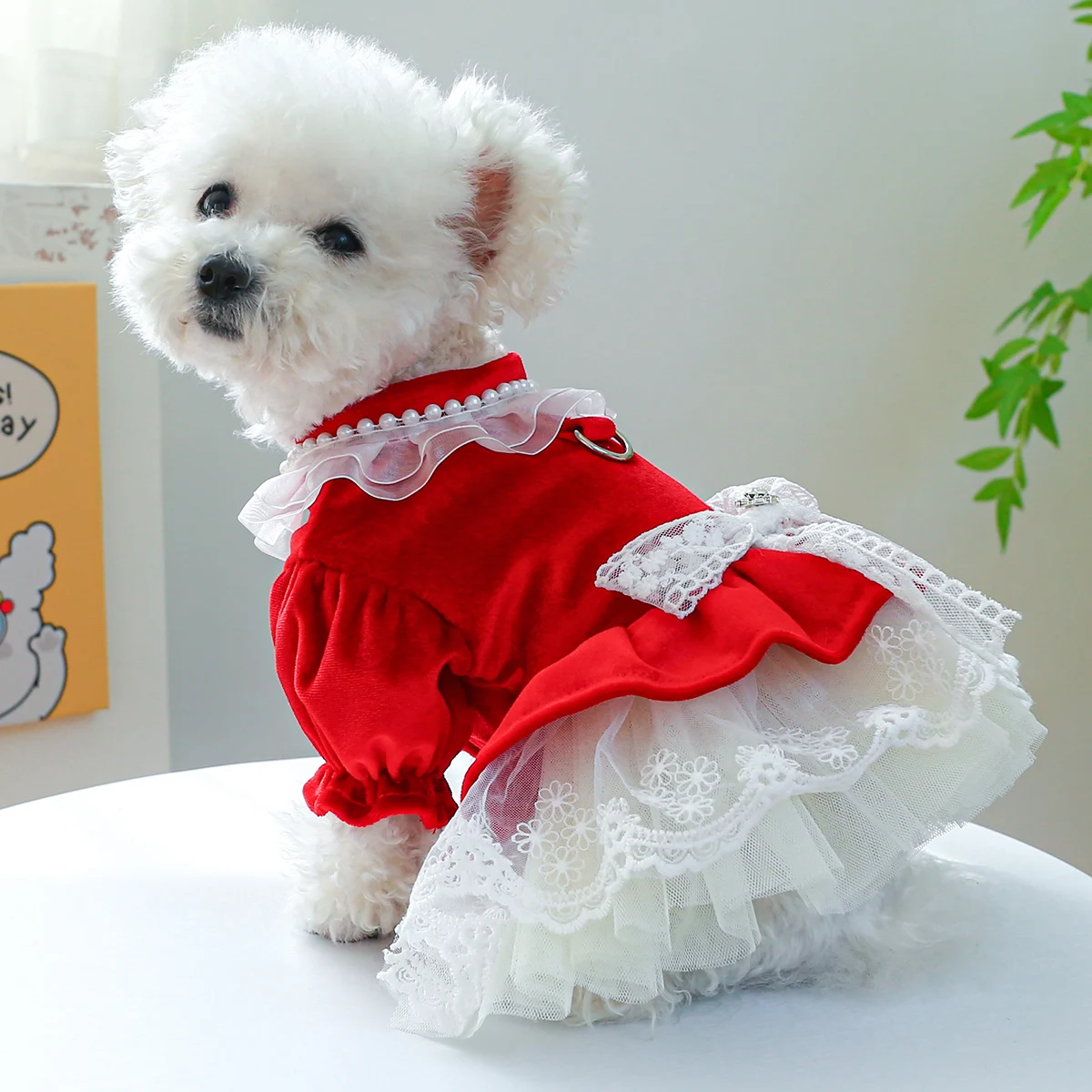 1PC Pet Clothing Cat Spring Autumn Red Velvet Bowknot Princess Dress Wedding Dress With Drawstring Buckle For Small Medium Dogs