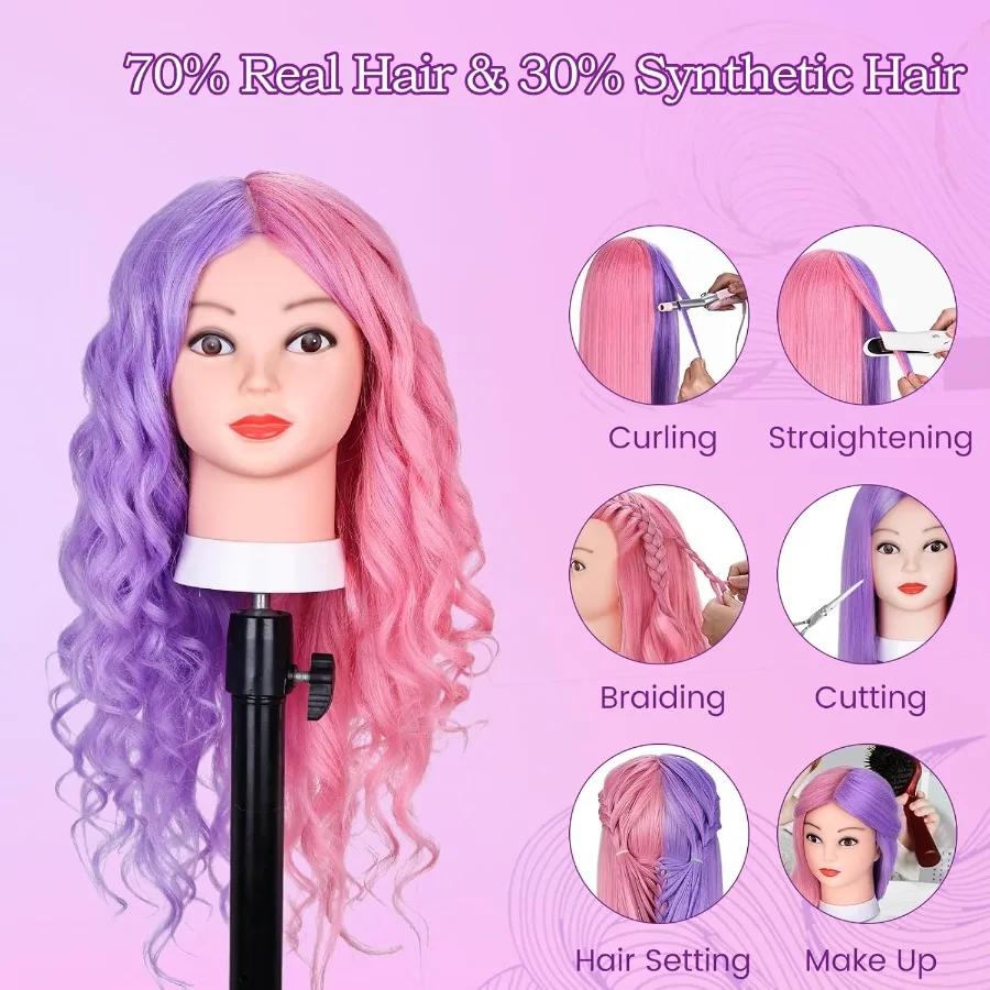 หัวหุ่นขนาด 26 นิ้ว พร้อมผมแท้ 70 เส้น สำหรับการจัดแต่งทรงผมระดับมืออาชีพและการฝึกอบรมด้านความงาม รวมที่ยึดและอุปกรณ์เสริม