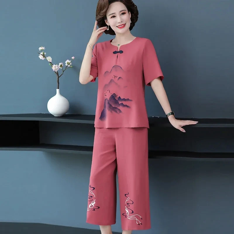 New Two-Piece Summer set Female New Embroidery Set Mother Middle-Aged Outfit Elderly Women\'s Ethnic Casual Suit