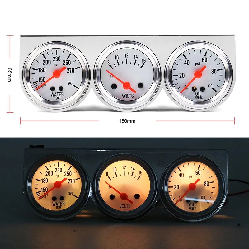 Car Modified Instrument 2-Inch 52MM Mechanical Housing Three-In-One Chrome-Plated Panel Water Temperature Oil Pressure Voltmeter