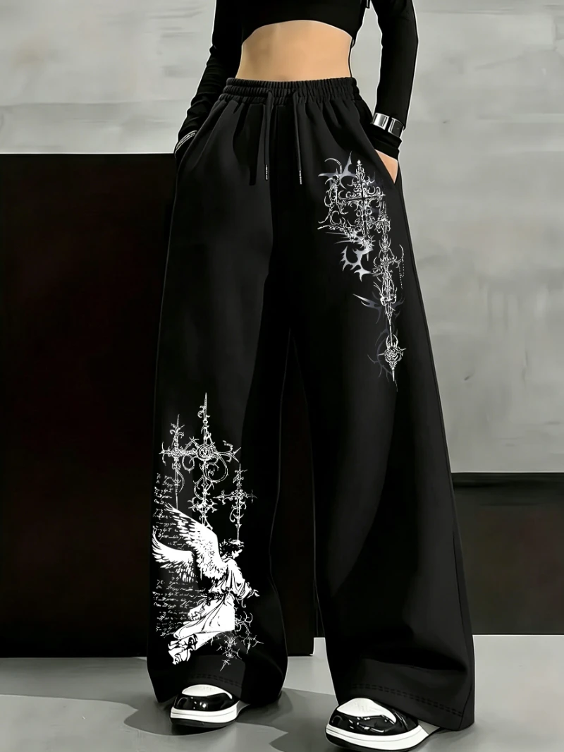 Women's casual, minimalist, dark gothic angel cross pattern, retro-chic, versatile y2k hip-hop women's loose trousers.