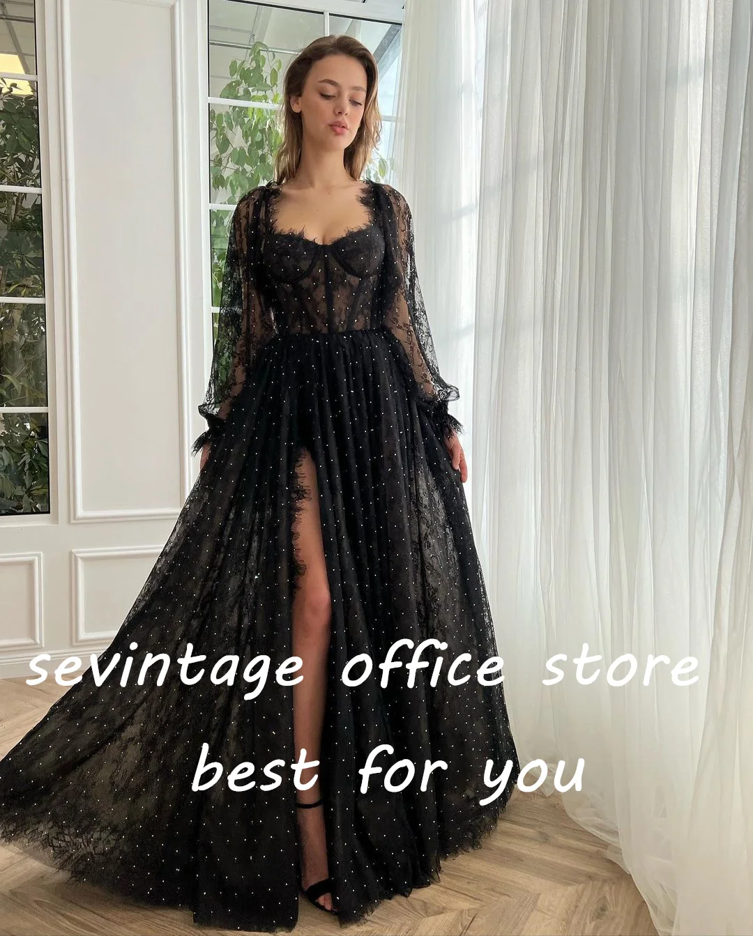 Sevintage Black Lace Appliques Beading Prom Dresses Long Sleeves A-Line High Side Split Saudi Arabic Women Party Evening Gowns