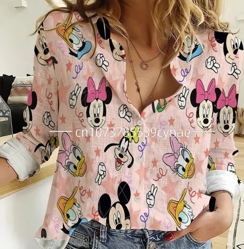 Disney-Camisa havaiana feminina mickey mouse, disneyland, manga curta, botão para cima, moda casual, camisa de praia, tops vintage