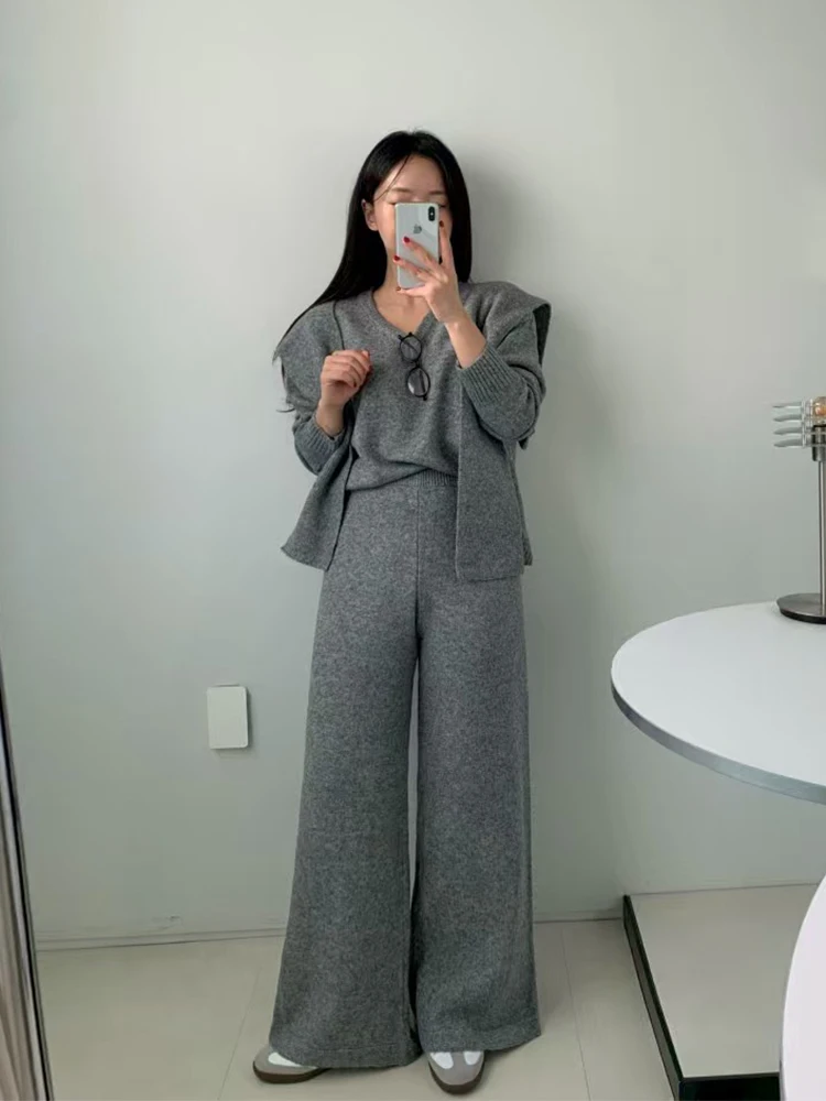 Chic Autumn Winter Soft Cozy V-Neck Sweater High Waist Drapey Casual Pants Scarf Three Piece Set for Women Loose Fit French S...