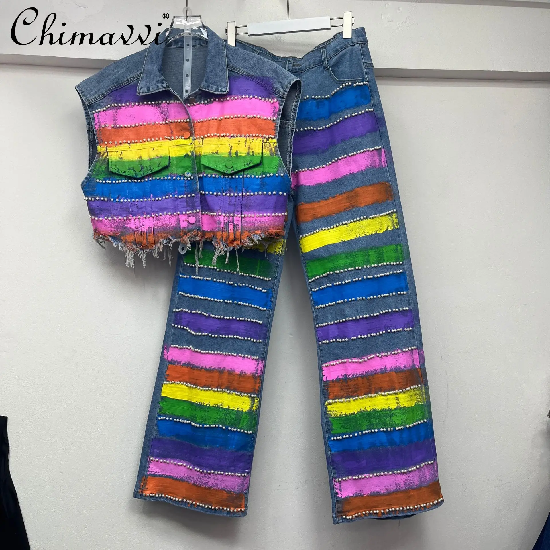 

2025 Summer Clothes New Korean Fashion Sleeveless Denim Vest Top Heavy Hand-painted Rainbow Jeans High Street Women Pant Sets