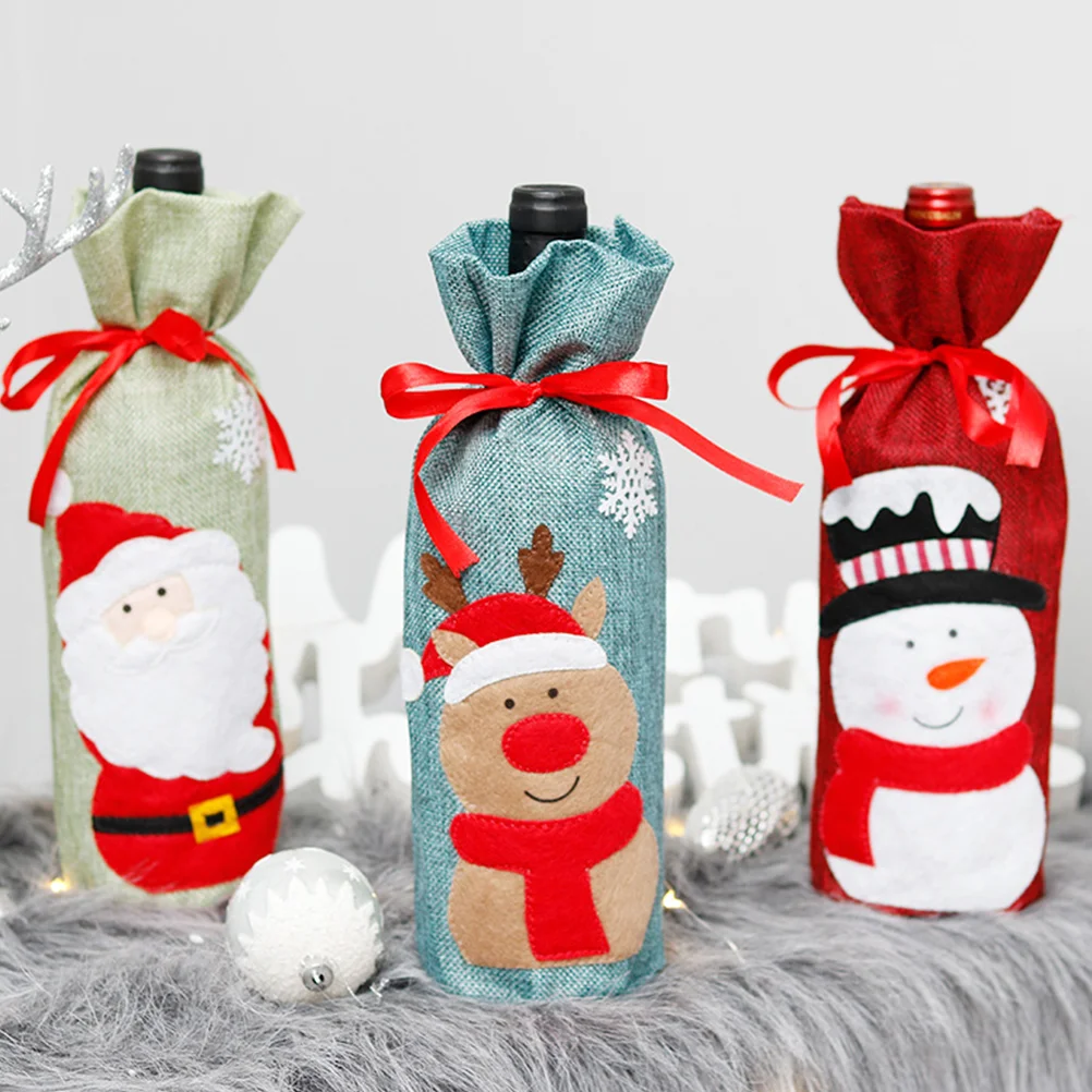 

3 Pcs Christmas Bottle Set Beer Bag Drawstring Red Cover Decorations Decorate Non-woven Fabric