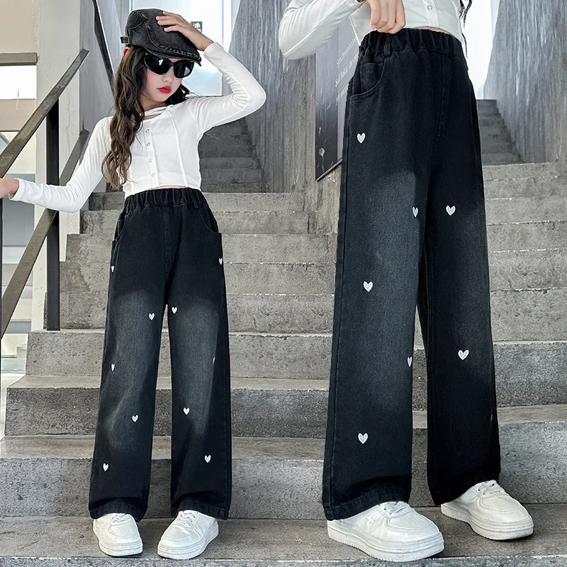 New Fashion Teenager Girls Denim Wide Leg Pants Children Trousers Spring Autumn Love Pattern Girls Jeans 5-14 Years Kids Clothes