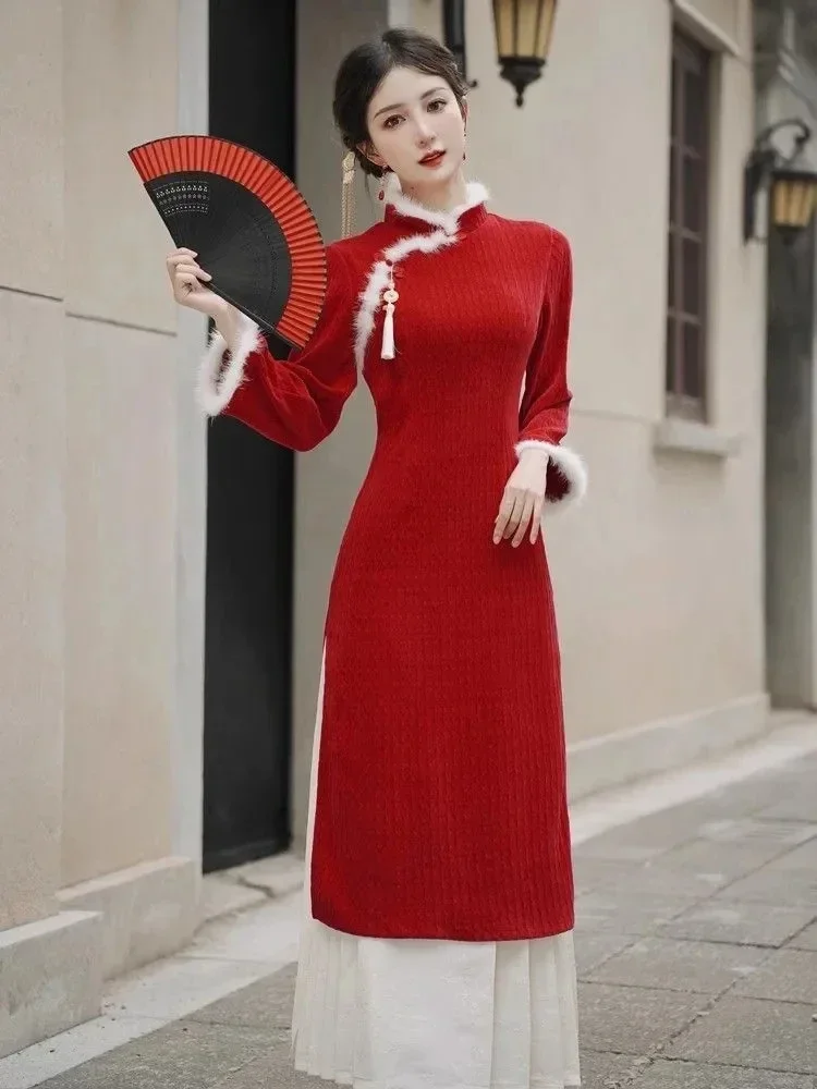 

Wine Red Long Wedding Cheongsam Women Slim Long Sleeve Dress Chinese Style Vintage Dress Traditional Improved Qipao