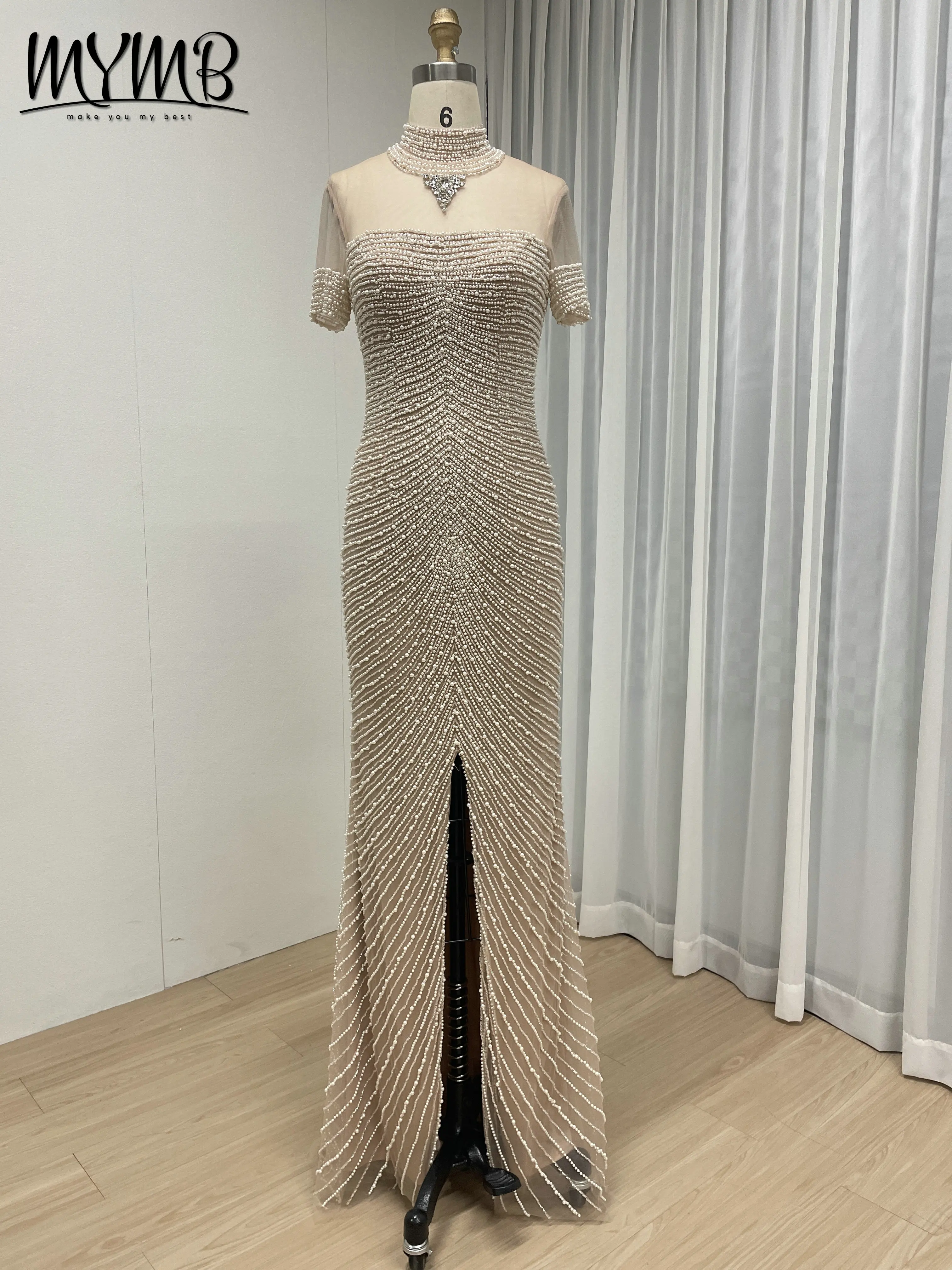 MYMB Elegant Full Pearls Beaded Prom Dresses Illusion Neck Short Sleeve High Slit Luxury Formal Evening Gown for Wedding MC20149