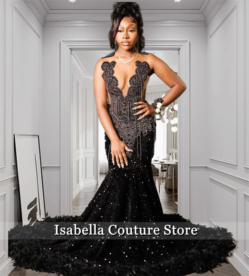 

Black Sequin Rhinestones Mermaid Prom Dresses 2025 Black Girls Feathers Beaded Wedding Dress Birthday Party Gown Customized