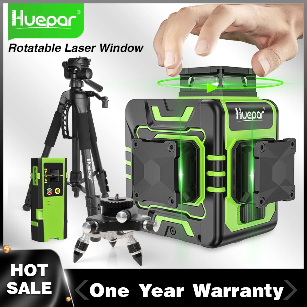 Kit de Nível Laser 3d Huepar 12 Linhas Osram Green Autonivelante 360 ° Linhas Transversais Verticais Horizontais Externas com Tripé Receptor